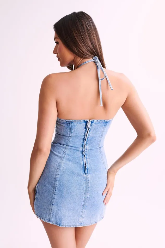 Women Meshki Dresses Carrie Rose Denim Mini Dress 8211 Mid Blue