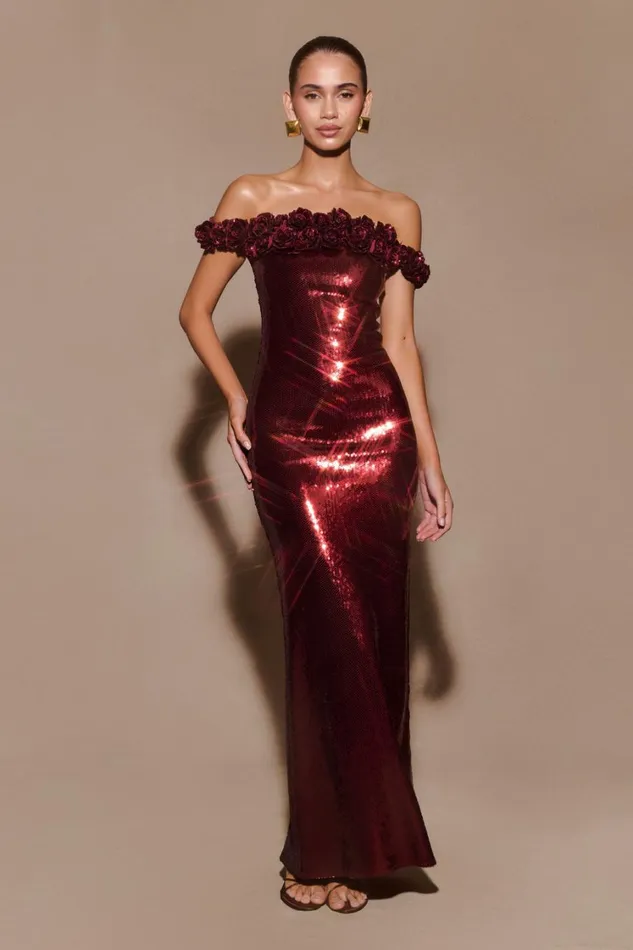 Women Meshki Dresses Carrie Sequin Rose Maxi Dress 8211 Mahogany