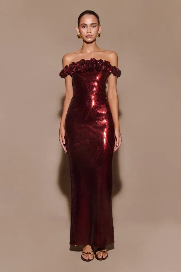 Women Meshki Dresses Carrie Sequin Rose Maxi Dress 8211 Mahogany