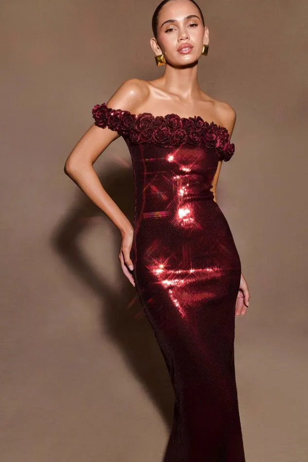 Women Meshki Dresses Carrie Sequin Rose Maxi Dress 8211 Mahogany