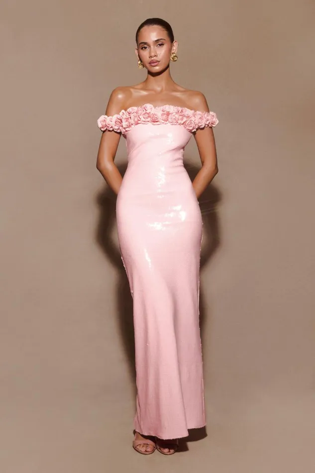 Women Meshki Dresses Carrie Sequin Rose Maxi Dress 8211 Pale Pink