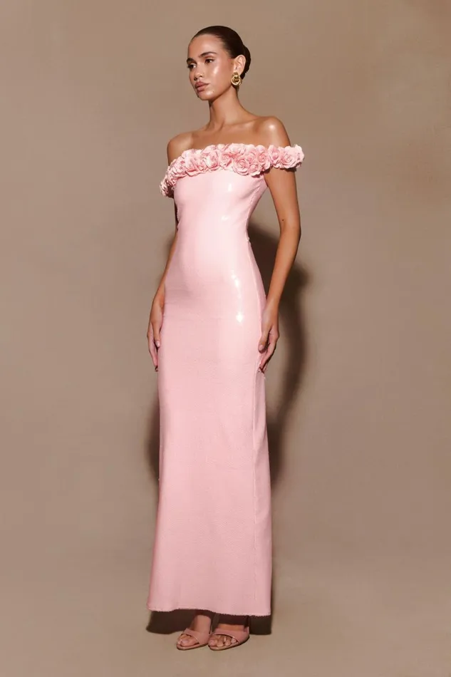 Women Meshki Dresses Carrie Sequin Rose Maxi Dress 8211 Pale Pink