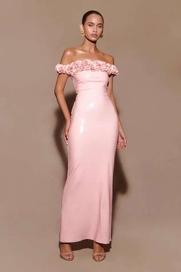 Women Meshki Dresses Carrie Sequin Rose Maxi Dress 8211 Pale Pink