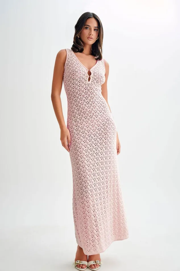 Women Meshki Dresses Carter Crochet Sleeveless Maxi Dress 8211 Powder Pink