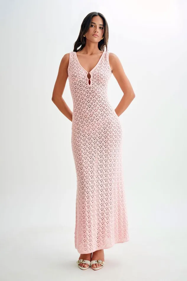 Women Meshki Dresses Carter Crochet Sleeveless Maxi Dress 8211 Powder Pink