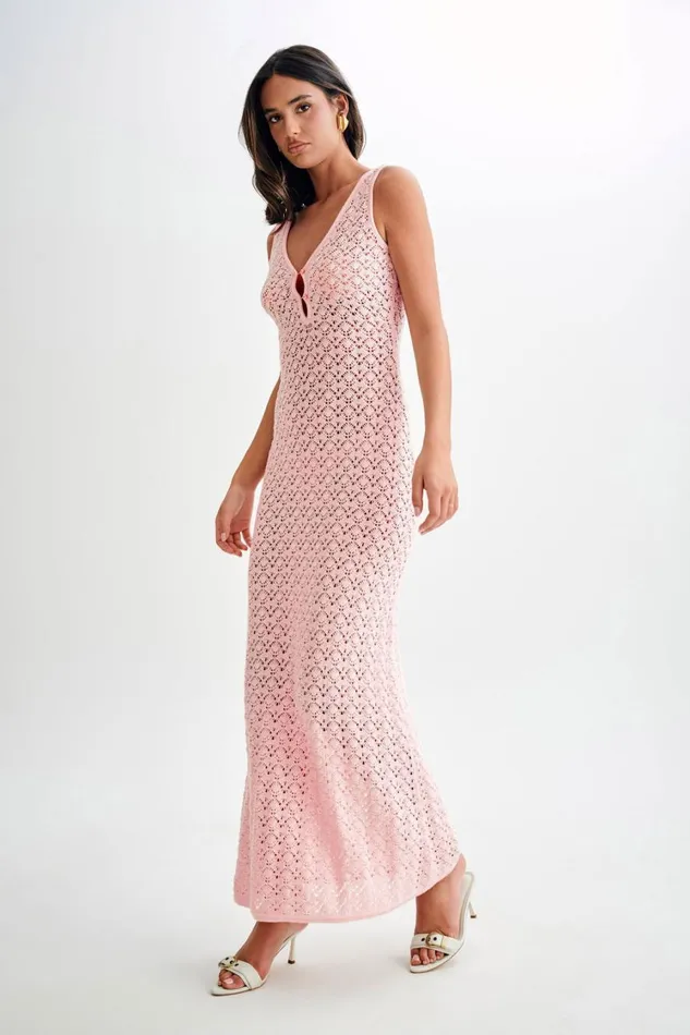 Women Meshki Dresses Carter Crochet Sleeveless Maxi Dress 8211 Powder Pink