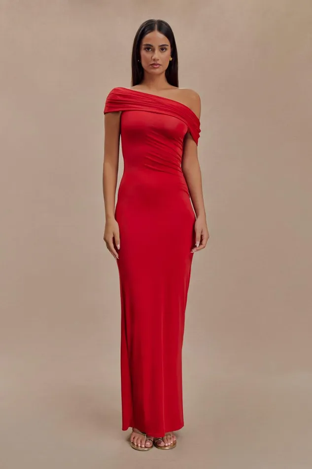 Women Meshki Dresses Cassandra Off Shoulder Slinky Maxi Dress 8211 Red