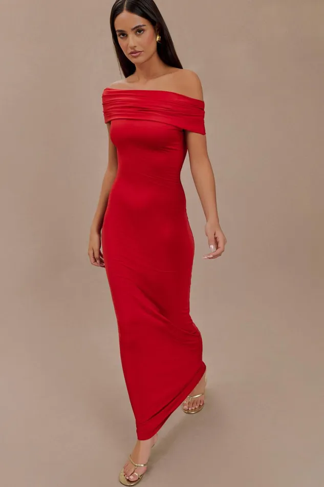 Women Meshki Dresses Cassandra Off Shoulder Slinky Maxi Dress 8211 Red