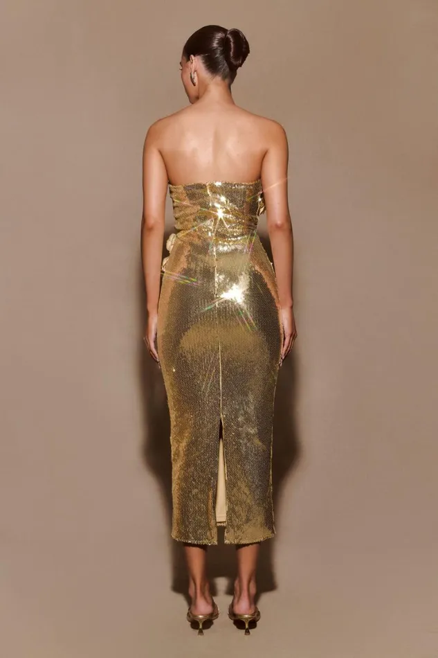 Women Meshki Dresses Cassia Strapless Sequin Rose Midi Dress 8211 Gold