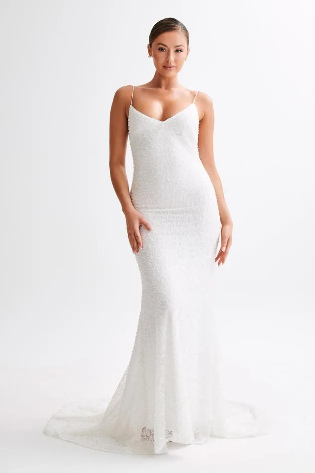 Women Meshki Dresses Catalina Pearl Beaded Wedding Gown 8211 White