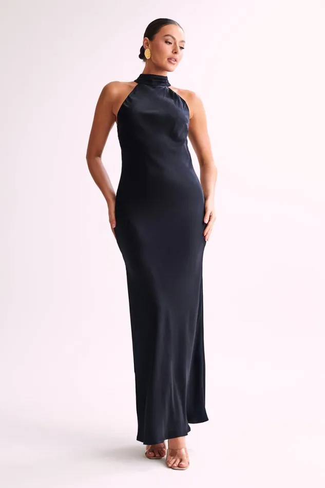 Women Meshki Dresses Claire Satin Drape Back Maxi Dress With Split 8211 Black Women Meshki Dresses Claire Satin Drape Back Maxi Dress With Split 8211 Black