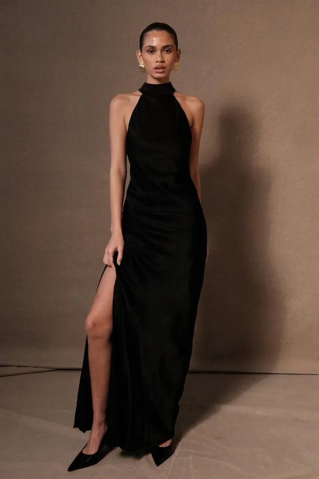 Women Meshki Dresses Claire Satin Drape Back Maxi Dress With Split 8211 Black Women Meshki Dresses Claire Satin Drape Back Maxi Dress With Split 8211 Black