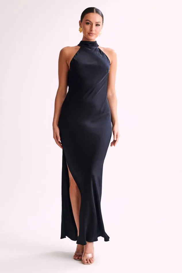 Women Meshki Dresses Claire Satin Drape Back Maxi Dress With Split 8211 Black Women Meshki Dresses Claire Satin Drape Back Maxi Dress With Split 8211 Black