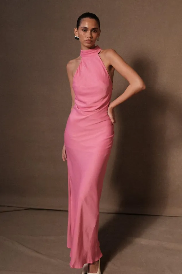 Women Meshki Dresses Claire Satin Drape Back Maxi Dress With Split 8211 Pink