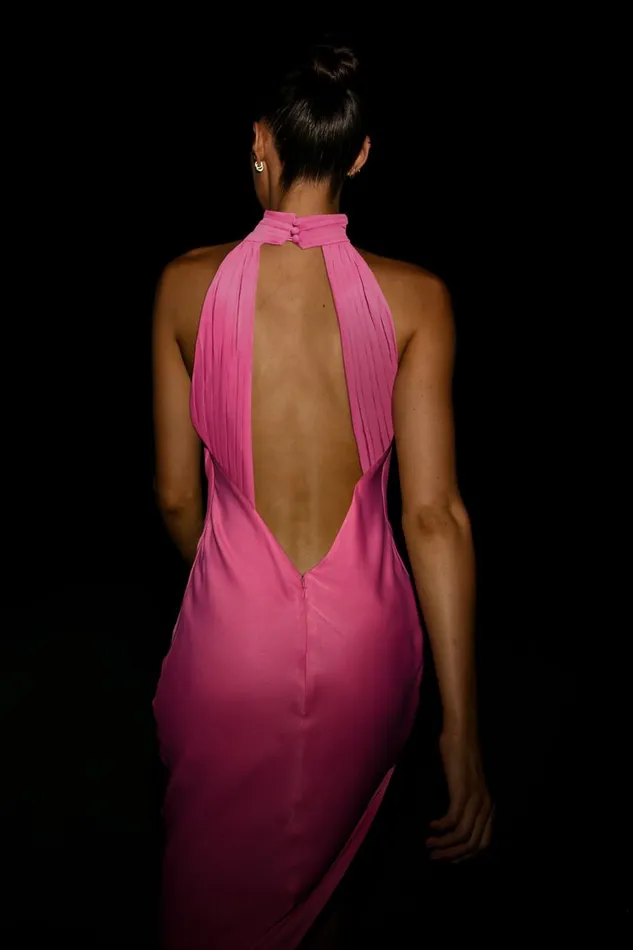 Women Meshki Dresses Claire Satin Drape Back Maxi Dress With Split 8211 Pink