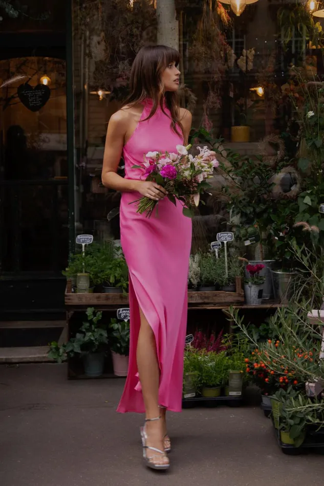 Women Meshki Dresses Claire Satin Drape Back Maxi Dress With Split 8211 Pink
