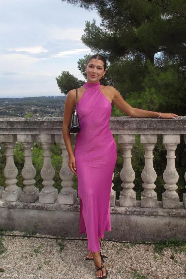 Women Meshki Dresses Claire Satin Drape Back Maxi Dress With Split 8211 Pink