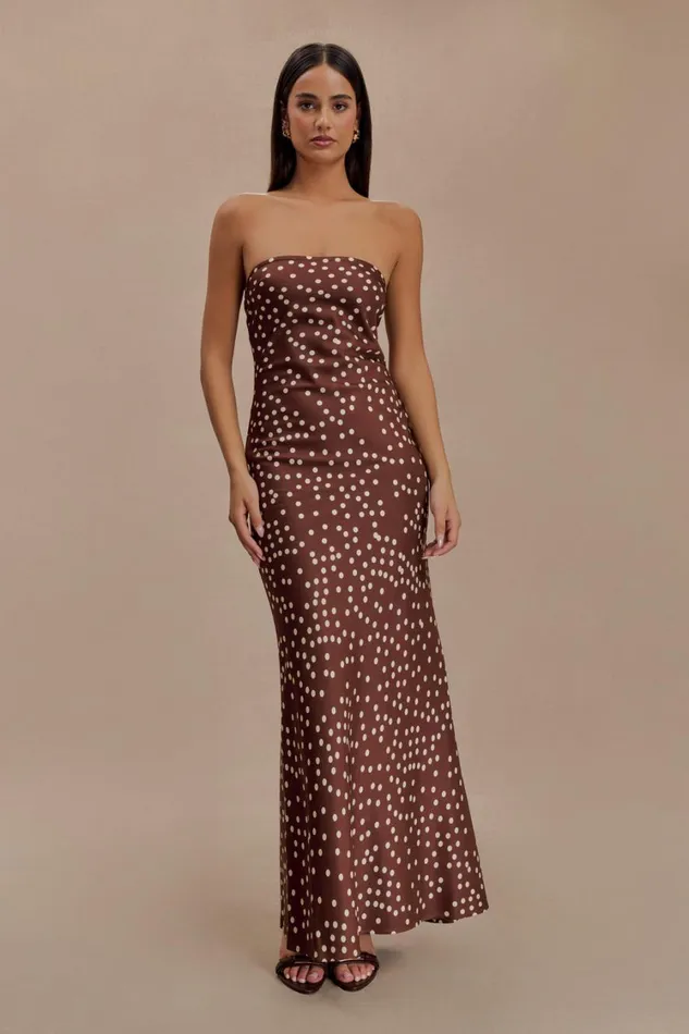Women Meshki Dresses Claudette Strapless Satin Maxi Dress 8211 Brown Polka Dot Print Women Meshki Dresses Claudette Strapless Satin Maxi Dress 8211 Brown Polka Dot Print