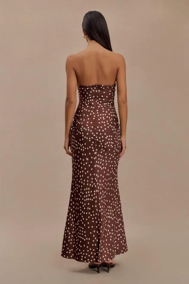 Women Meshki Dresses Claudette Strapless Satin Maxi Dress 8211 Brown Polka Dot Print