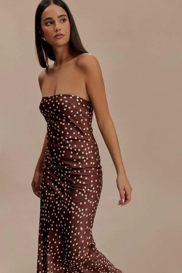 Women Meshki Dresses Claudette Strapless Satin Maxi Dress 8211 Brown Polka Dot Print