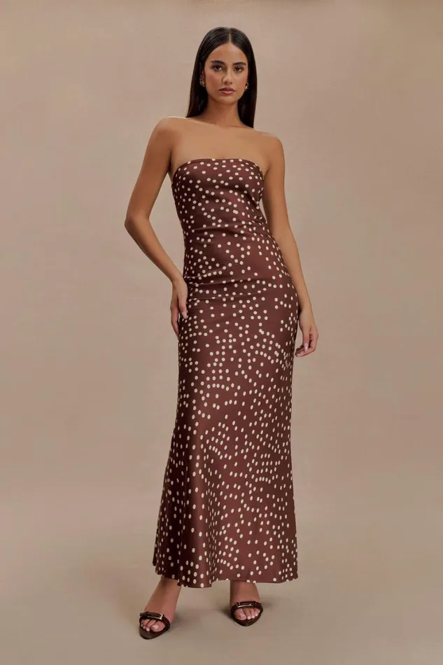 Women Meshki Dresses Claudette Strapless Satin Maxi Dress 8211 Brown Polka Dot Print
