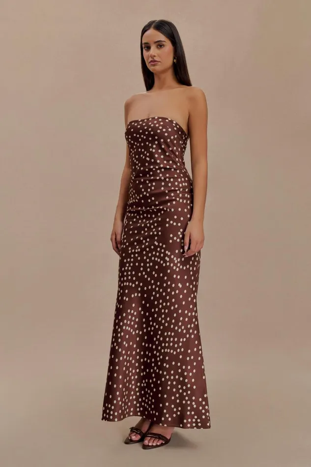 Women Meshki Dresses Claudette Strapless Satin Maxi Dress 8211 Brown Polka Dot Print