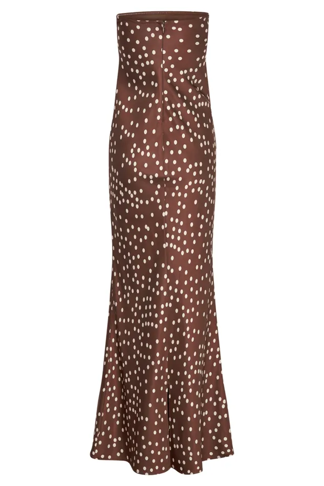 Women Meshki Dresses Claudette Strapless Satin Maxi Dress 8211 Brown Polka Dot Print
