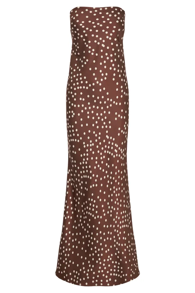 Women Meshki Dresses Claudette Strapless Satin Maxi Dress 8211 Brown Polka Dot Print