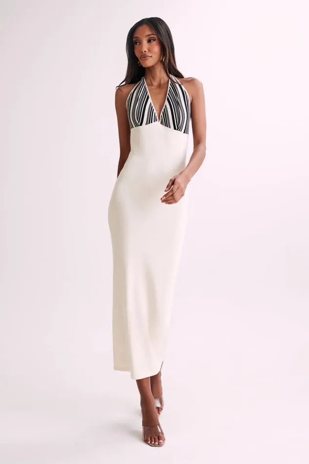 Women Meshki Dresses Dana Stripe Knit Halter Midi Dress 8211 Ivory