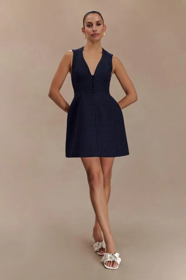 Women Meshki Dresses Danna Boucle Mini Dress With Pleats 8211 Midnight Blue