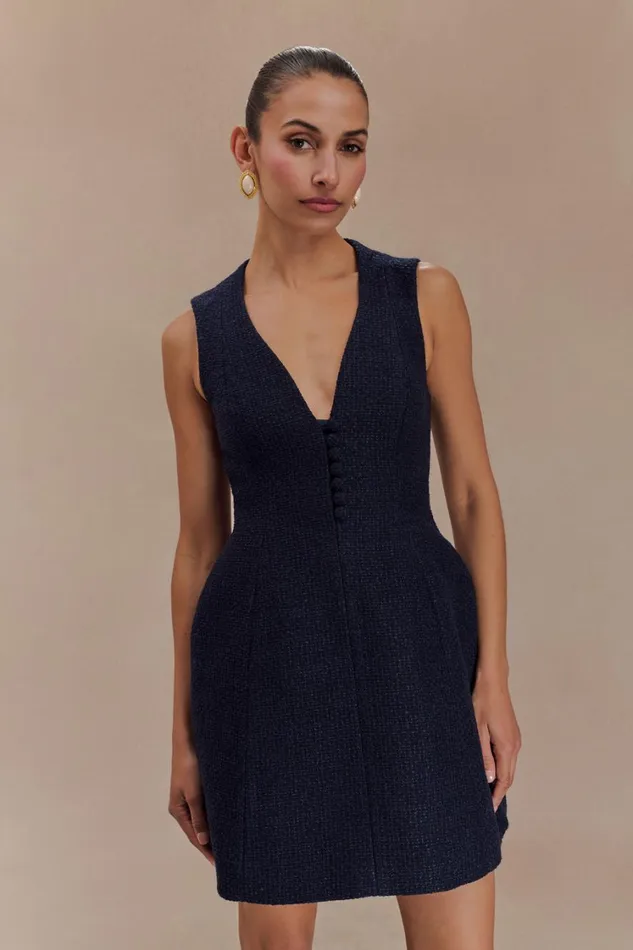 Women Meshki Dresses Danna Boucle Mini Dress With Pleats 8211 Midnight Blue