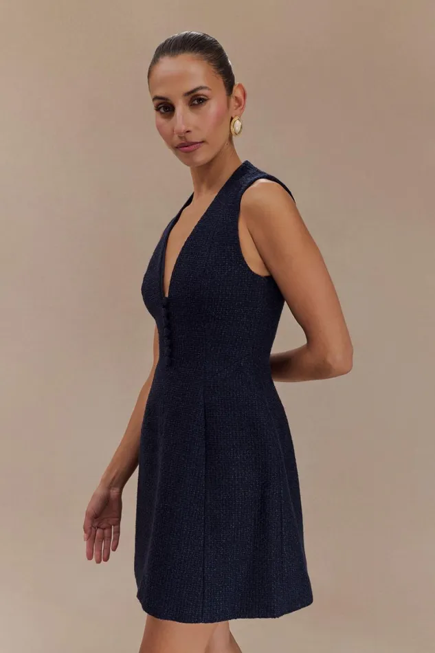 Women Meshki Dresses Danna Boucle Mini Dress With Pleats 8211 Midnight Blue