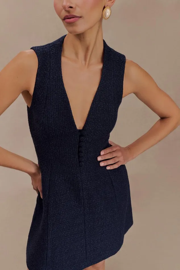 Women Meshki Dresses Danna Boucle Mini Dress With Pleats 8211 Midnight Blue