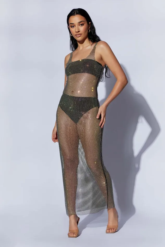 Women Meshki Dresses Delara Diamante Mesh Maxi Dress 8211 Black