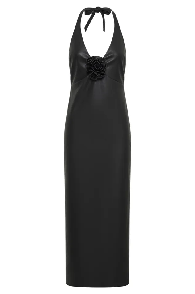 Women Meshki Dresses Dori Faux Leather Rose Midi Dress 8211 Black