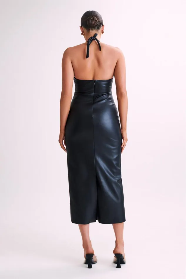 Women Meshki Dresses Dori Faux Leather Rose Midi Dress 8211 Black