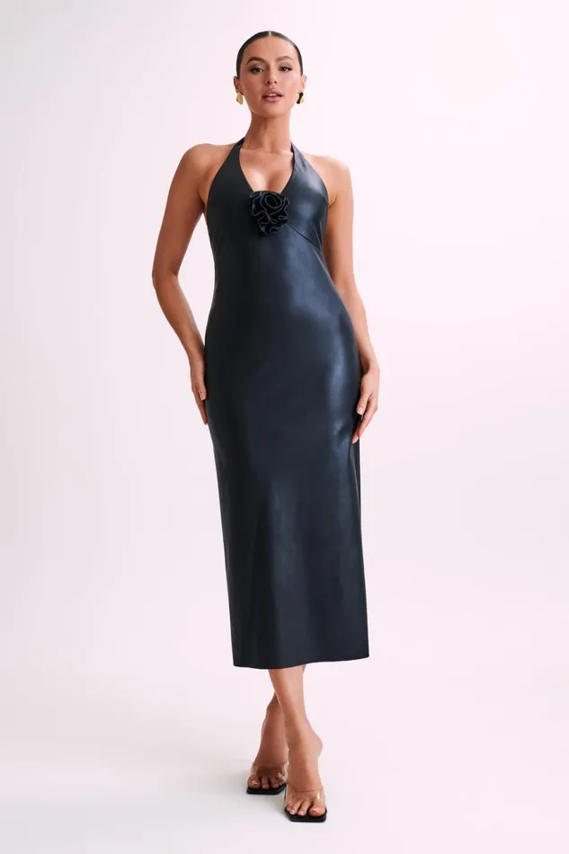 Women Meshki Dresses Dori Faux Leather Rose Midi Dress 8211 Black