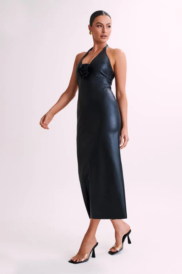 Women Meshki Dresses Dori Faux Leather Rose Midi Dress 8211 Black