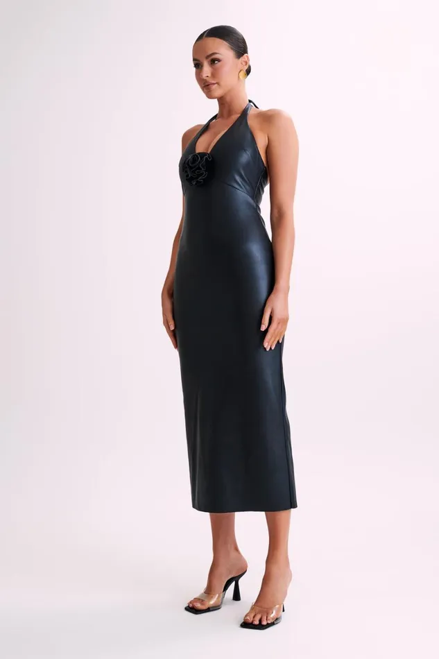 Women Meshki Dresses Dori Faux Leather Rose Midi Dress 8211 Black