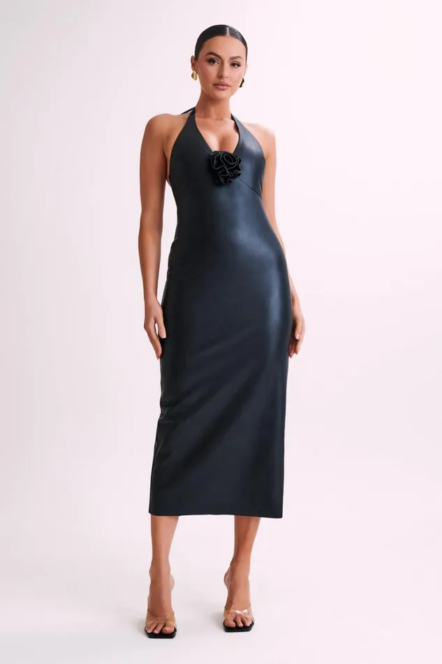 Women Meshki Dresses Dori Faux Leather Rose Midi Dress 8211 Black
