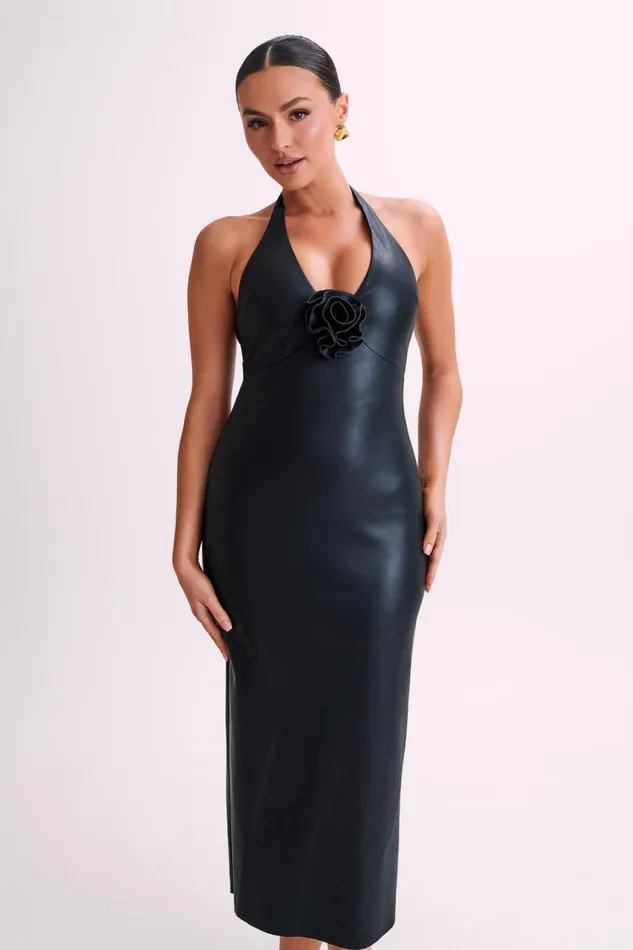 Women Meshki Dresses Dori Faux Leather Rose Midi Dress 8211 Black