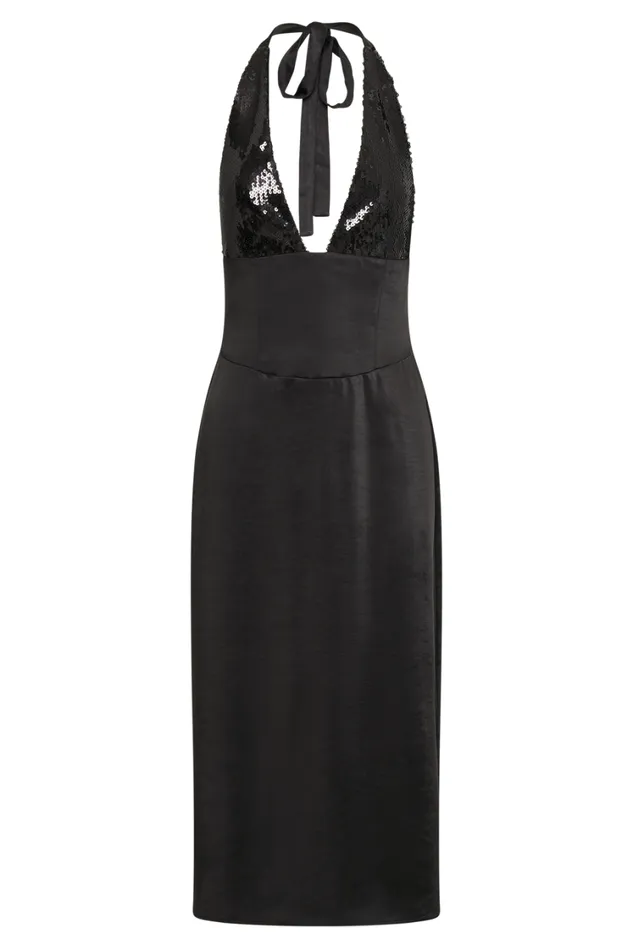 Women Meshki Dresses Ebony Satin Midi Dress With Sequins 8211 Black