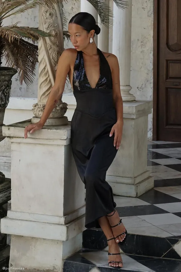 Women Meshki Dresses Ebony Satin Midi Dress With Sequins 8211 Black