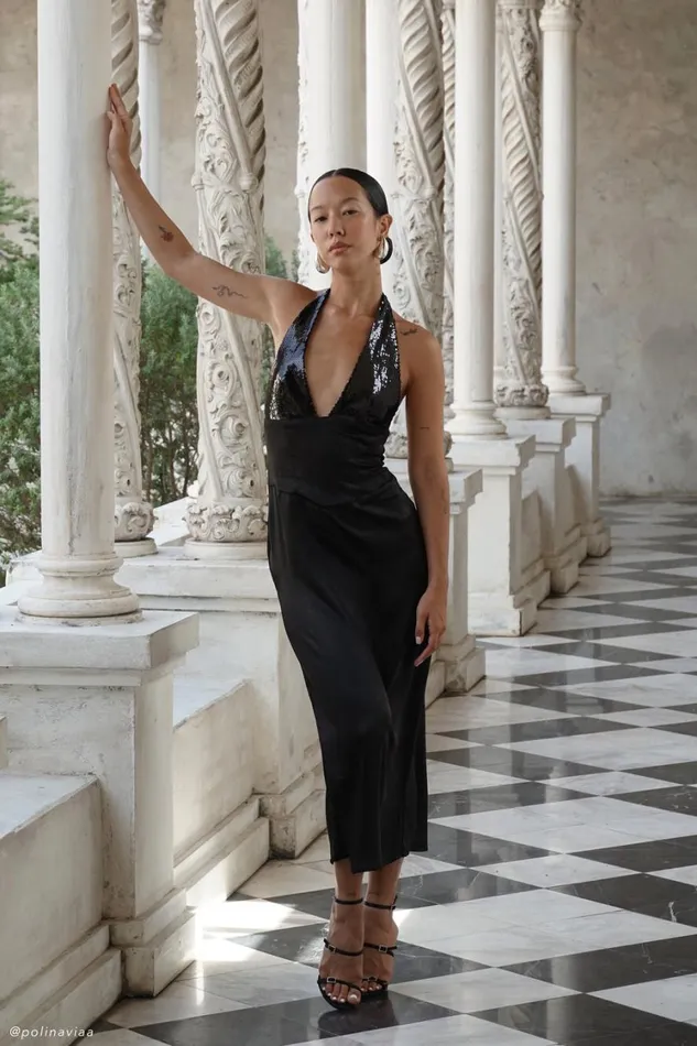 Women Meshki Dresses Ebony Satin Midi Dress With Sequins 8211 Black