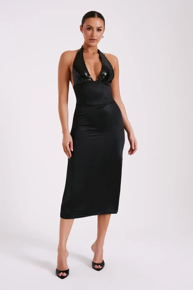 Women Meshki Dresses Ebony Satin Midi Dress With Sequins 8211 Black