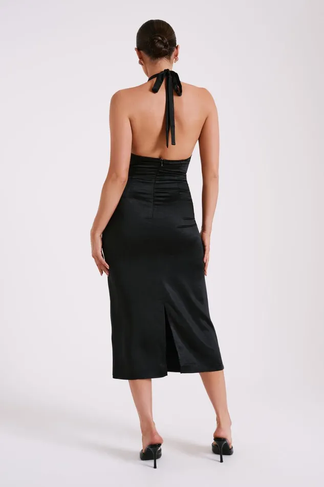 Women Meshki Dresses Ebony Satin Midi Dress With Sequins 8211 Black
