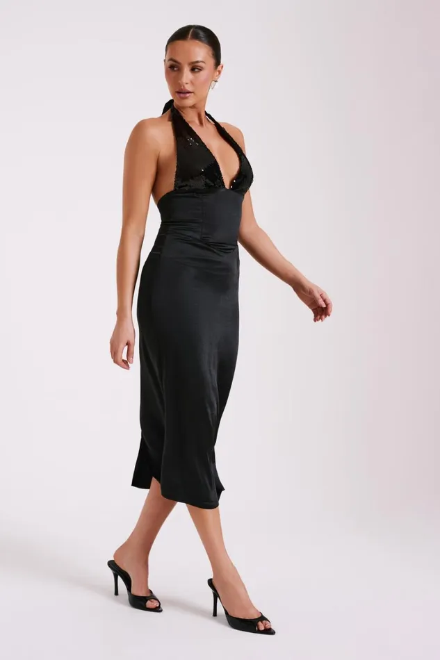 Women Meshki Dresses Ebony Satin Midi Dress With Sequins 8211 Black