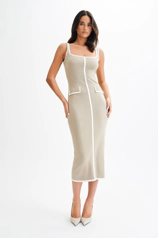 Women Meshki Dresses Eimear Contrast Knit Midi Dress 8211 Taupe and Ivory