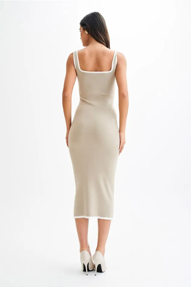 Women Meshki Dresses Eimear Contrast Knit Midi Dress 8211 Taupe and Ivory