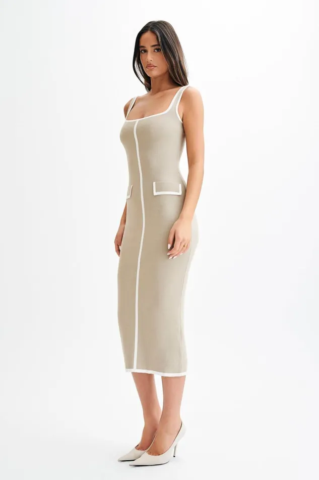 Women Meshki Dresses Eimear Contrast Knit Midi Dress 8211 Taupe and Ivory